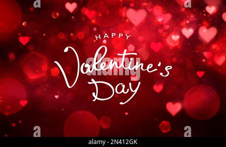 Bonne Saint Valentin écriture de main texte en abstrait défoqué rouge arrière-plan Banque D'Images
