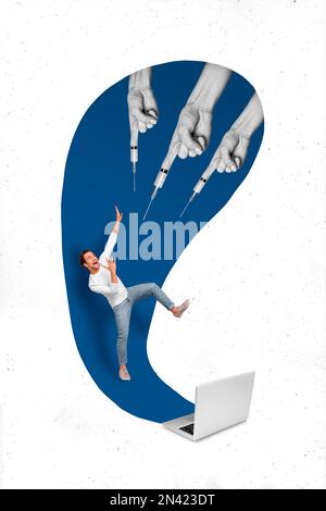 Collage vertical photo de jeune homme stressé peur nerveux horrifié contre les doigts seringues absurdes cyber-intimidation isolée sur fond peint Banque D'Images
