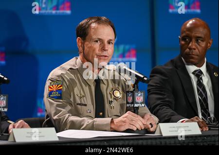 Le Colonel Kenneth Hunter, Directeur du Département de la sécurité publique de l'Arizona, lors de la conférence de presse du Super Bowl LVII sur la sécurité publique qui s'est tenue au Media Center du Phoenix Convention Center à Phoenix, Arizona. Date de la photo: Mardi 7 février 2023. Le Super Bowl LVII aura lieu le dimanche 12 février 2023 entre les Kansas City Chiefs et les Philadelphia Eagles. Banque D'Images