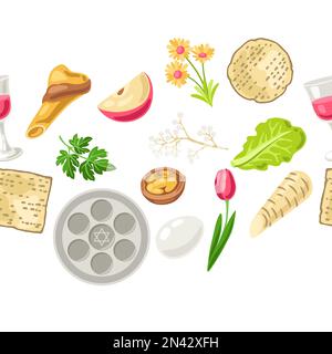 Happy Pesach – assiette juive de Pâque à motif sans couture. Arrière-plan de vacances avec symboles traditionnels. Illustration de Vecteur