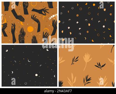 Illustration graphique abstraite vectorielle dessinée à la main ensemble de motifs sans couture avec astrologie magique phases de lune d'or céleste, soleil et étoile Illustration de Vecteur