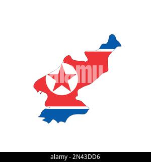 Corée du Nord, République populaire démocratique de Corée, RPDC - drapeau national en forme de silhouette de carte de pays avec un contour noir mince. Icône de vecteur plat simple. Illustration de Vecteur