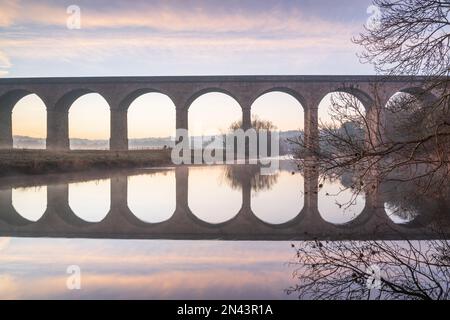 Les arches du Viaduc d'Arthington, dans la vallée inférieure de la Wharfe, se reflètent dans la rivière Wharfe lors d'une belle matinée d'hiver au début de février. Banque D'Images