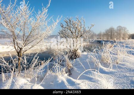 Warmia et Masuria, rivière dans les paysages d'hiver, Pologne Banque D'Images