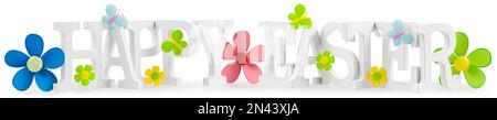 lettres joyeuses pâques décorées de fleurs et de papillons. Isolé sur fond blanc, ligne de tête pour la bannière publicitaire ou le message d'accueil de cadeau ca Banque D'Images