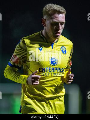 Chester, Cheshire, Angleterre. 7th février 2023. Sean Williams de Warrington pendant le Warrington Town football Club V Lancaster City football Club à Cantilever Park, dans la Northern Premier League (Credit image: ©Cody Froggatt) Banque D'Images