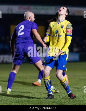 Chester, Cheshire, Angleterre. 7th février 2023. Luke Duffy de Warrington, pendant le Warrington Town football Club V Lancaster City football Club au Cantilever Park, dans la Northern Premier League (Credit image: ©Cody Froggatt) Banque D'Images