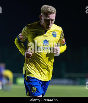 Chester, Cheshire, Angleterre. 7th février 2023. Sean Williams de Warrington pendant le Warrington Town football Club V Lancaster City football Club à Cantilever Park, dans la Northern Premier League (Credit image: ©Cody Froggatt) Banque D'Images