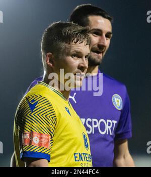 Chester, Cheshire, Angleterre. 7th février 2023. Jay Harris de Warrington, au cours du Warrington Town football Club V Lancaster City football Club au Cantilever Park, dans la Northern Premier League (Credit image: ©Cody Froggatt) Banque D'Images