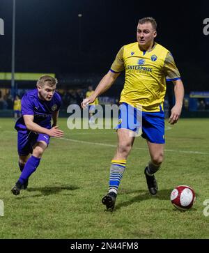 Chester, Cheshire, Angleterre. 7th février 2023. Josh Anis de Warrington, pendant le Warrington Town football Club V Lancaster City football Club au Cantilever Park, dans la Northern Premier League (Credit image: ©Cody Froggatt) Banque D'Images