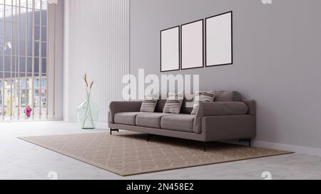 Intérieur du salon dans les couleurs beige avec trois grands cadres de couleur blanche. 3d illustration Banque D'Images