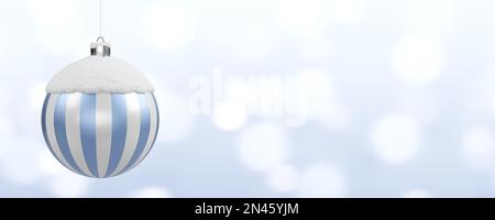 Boule de noël bleue et argentée recouverte de neige sur fond bleu bokeh avec espace de copie, modèle de noël ou de nouvel an, 3D illustr Banque D'Images
