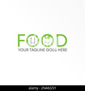 Lettre ou mot NOURRITURE sans serif police avec feuilles, Spoon, fourchette et couteau graphique icône logo design abstrait concept vecteur stock lié à Vega. Illustration de Vecteur