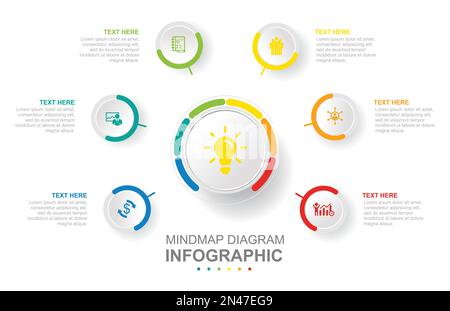 Modèle d'entreprise de l'infographie. Diagramme Mindmap moderne en 6 étapes avec sujets circulaires. Présentation du concept. Illustration de Vecteur