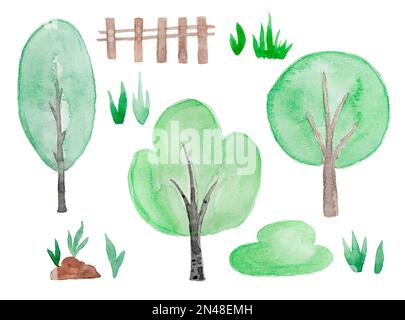 Ensemble d'aquarelles dessinées à la main d'arbres, éléments floraux, herbe et clôture. Isolé sur blanc. Élément de conception naturel et écologique. Illustration avec clip art Banque D'Images