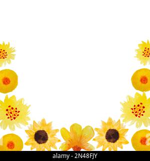 Bordure florale aquarelle jaune. Illustration, isolée sur fond blanc. Style été simple dessiné à la main. Copier l'espace Banque D'Images