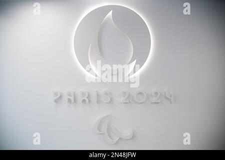 Saint-Denis, France, 08 février 2023, illustration du logo des Jeux Olympiques de Paris 2024 lors d'une conférence de presse à Saint-Denis, France sur 08 février 2023. Photo d'Aurore Marechal/ABACAPRESS.COM Banque D'Images
