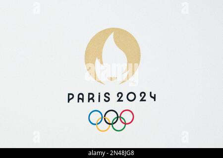 Saint-Denis, France, 08 février 2023, illustration du logo des Jeux Olympiques de Paris 2024 lors d'une conférence de presse à Saint-Denis, France sur 08 février 2023. Photo d'Aurore Marechal/ABACAPRESS.COM Banque D'Images