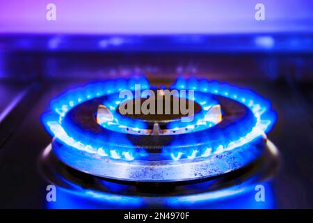 Flamme de gaz bleue brûlante. Cuisinière à gaz de cuisine. Cuisinière à gaz allumée. Cuisinière double dans la cuisine. Grand brûleur pour cuisinière à gaz. Banque D'Images