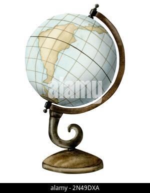 Vintage bleu clair et beige aquarelle globe sur fond en bois brun foncé isolé sur fond blanc, découpe clipart. Banque D'Images