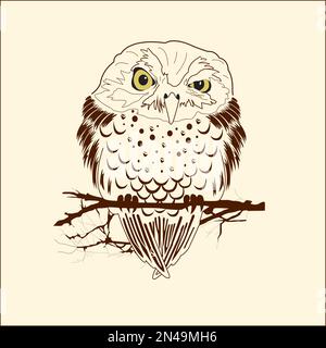 Dessin à la main noir blanc illustration hibou mouche oiseau. Livre de coloriage d'art hibou . Jolie petite chouette assise dessin noir et blanc avec décoration florale . Hibou des oiseaux. BOH Illustration de Vecteur