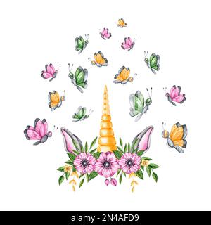 Aquarelle oreilles et corne de licorne avec fleurs et papillons sur fond blanc. Ensemble d'aquarelles pour enfants pour motifs, autocollants, cartes de visite, Banque D'Images