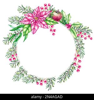 Cadre aquarelle de forme ronde avec plantes de Noël pour la conception des invitations de Noël, cartes postales, tissus, bannières Banque D'Images