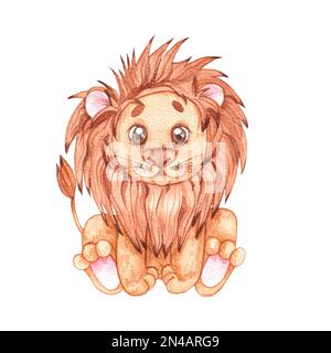 Aquarelle mignon lion sur fond blanc. Bébé lion tropical pour la décoration d'emballages, tissus, cartes postales, cartes de visite, affiches, bannières Banque D'Images