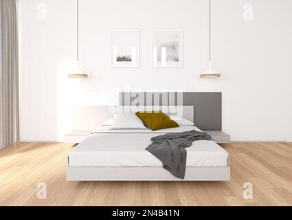 Image intérieure d'une chambre entièrement équipée, contenant un lit, une table de chevet, des peintures, une fenêtre dans le secteur gauche avec son rideau et son Fi d'éclairage Banque D'Images