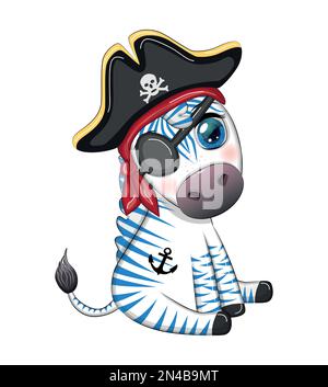 Un joli pirate de zèbre dans un chapeau tricorne avec une étiquette pour les yeux. Pirates et trésors, îles et palmiers Illustration de Vecteur