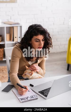 Redacteur publicitaire Brunette avec marqueur oriental de chat près de bloc-notes et appareils à la maison, image de stock Banque D'Images