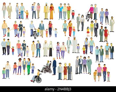 Grand groupe de personnes diverses, parents et enfants, groupes familiaux isolés sur illustration blanche Illustration de Vecteur