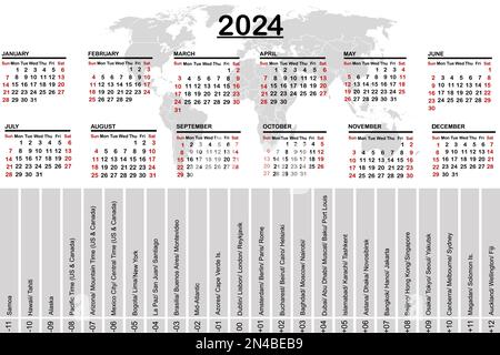 calendrier 2024 avec carte du monde et fuseaux horaires Illustration de Vecteur