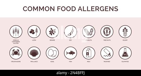 Jeu d'icônes allergènes alimentaires et ingrédients, étiquette alimentaire et concept d'emballage Illustration de Vecteur