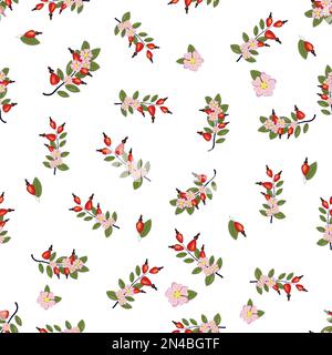 Motif sans couture avec baies et fleurs de rosehip. Collection de diverses baies, herbes, brindilles Illustration de Vecteur