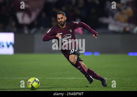SALERNO, ITALIE - FÉVRIER 07 : Grigoris Kastanos de l'US Salernitana en action pendant la Serie Un match entre l'US Salernitana et le Juventus FC à Stadio Banque D'Images