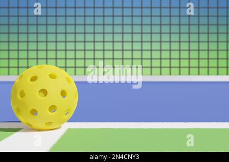 Boule de pickleball jaune sur le terrain contre le fond d'un filet de sport. 3D rendu Banque D'Images