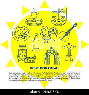 Visitez le Portugal concept bannière avec des icônes en style ligne. Symboles traditionnels avec culture nationale, cuisine et attractions. Modèle de circulaire ou d'affiche Illustration de Vecteur