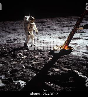 L'astronaute Neil A. Armstrong, commandant de mission Apollo ll, à l'assemblage de stockage d'équipement modulaire (MESA) du module lunaire 'Eagle' sur la première activité extravéhiculaire historique (EVA) sur la surface lunaire. L'astronaute Edwin E. Aldrin Jr. A pris la photo avec un appareil photo Hasselblad de 70 mm. La plupart des photos de la mission Apollo 11 montrent Buzz Aldrin. C'est l'un des seuls qui montrent Neil Armstrong (certains sont flous). Banque D'Images