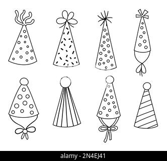 Ensemble de chapeaux d'anniversaire noir et blanc à motif vectoriel. Accessoire pour cartes, affiches et imprimés amusants pour les grandes lignes. Illustration des fêtes pour les enfants. Pack wi Illustration de Vecteur