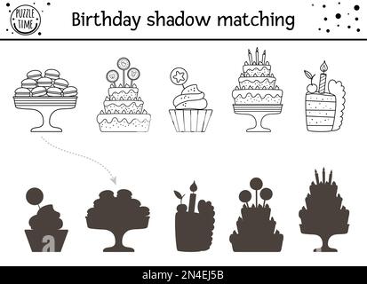Activité de mise en correspondance des ombres d'anniversaire pour les enfants. Puzzle amusant avec desserts de fête mignons. Fête des fêtes jeu éducatif pour les enfants avec gâteaux et cand Illustration de Vecteur