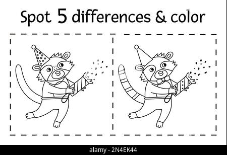 Fête d'anniversaire trouver des différences et jeu de couleurs pour les enfants. Activité éducative en noir et blanc d'anniversaire avec raton laveur dans un chapeau de fête avec craqueur. Illustration de Vecteur