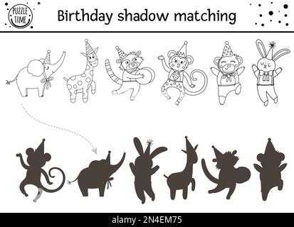 Anniversaire noir et blanc ombre assorti activité pour les enfants. Puzzle amusant avec de jolis animaux dans des chapeaux de fête. Jeu éducatif de la ligne de vacances pour Illustration de Vecteur