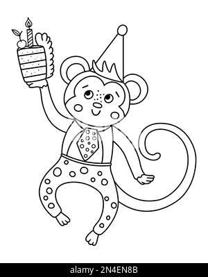 Vecteur mignon dansant singe dans chapeau d'anniversaire. Drôle d'animal de b-day pour la carte, l'affiche, la conception d'impression. Illustration des fêtes pour les enfants. Joyeux fête Illustration de Vecteur