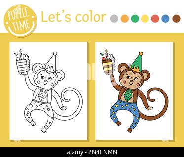 Page de coloriage d'anniversaire pour les enfants. Singe drôle en chapeau de fête avec gâteau et bougie. Illustration vectorielle de vacances avec animal mignon. Couleur de fête Illustration de Vecteur