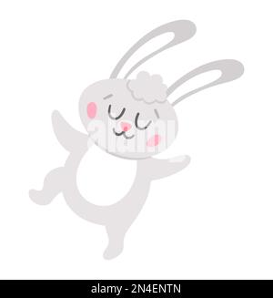 Icône lapin de Pâques vectoriel. Lapin dansant isolé sur fond blanc. Illustration adorable et adorable pour les enfants. Lièvre de printemps drôle avec les yeux fermés. Illustration de Vecteur