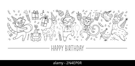 Ensemble horizontal noir et blanc vectoriel avec caractères et éléments d'anniversaire. Modèle de carte avec cupidon, animaux amusants, présent, gâteau, confetti. Illustration de Vecteur