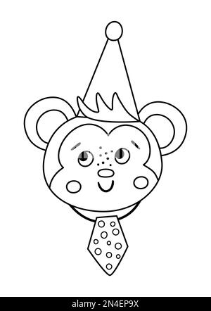 Vecteur mignon visage de singe noir et blanc dans un chapeau de fête. Avatar animal contour anniversaire. Illustration drôle de tête de chimpe pour les enfants. Icône de la ligne de célébration Illustration de Vecteur