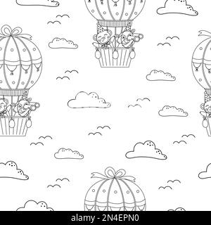 Motif vectoriel noir et blanc sans couture avec de jolis animaux dans des ballons à air chaud et des nuages. Arrière-plan répétitif de vacances avec de adorables personnages volants. Illustration de Vecteur