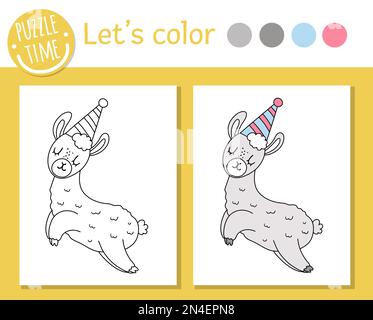 Page de coloriage d'anniversaire pour les enfants. Chapeau de fête avec lama amusant. Illustration vectorielle de vacances avec animal mignon. Livre de fête pour les enfants avec co Illustration de Vecteur